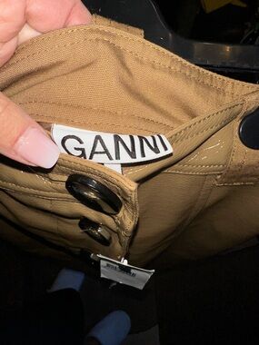 NWT Ganni Tan Leather-Trim Skirt with Button Detail Sz 34